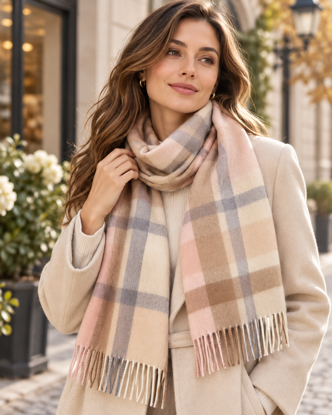 Écharpe beige à carreaux en laine 100 % – Londres (5)