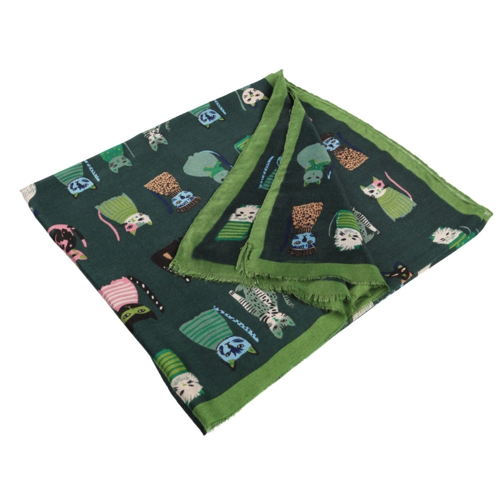 Écharpe fine verte à motif chats pour le cou – Nikko (1)