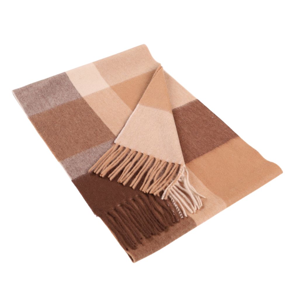 Écharpe marron et beige à grands carreaux en laine 100 % – York (1)