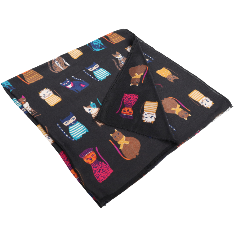 Écharpe douce noire pour femme à motif chats – Nikko (1)