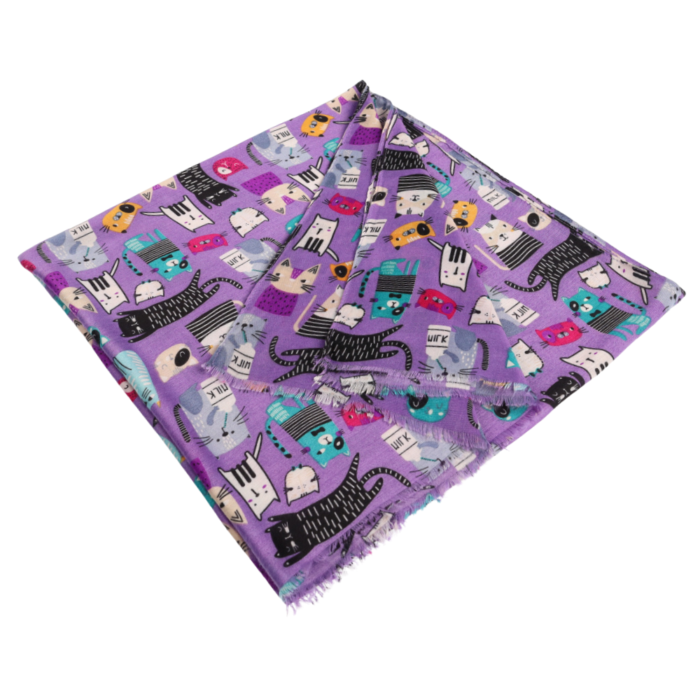 Étole violette à motif chats pour les épaules – Nikko (1)