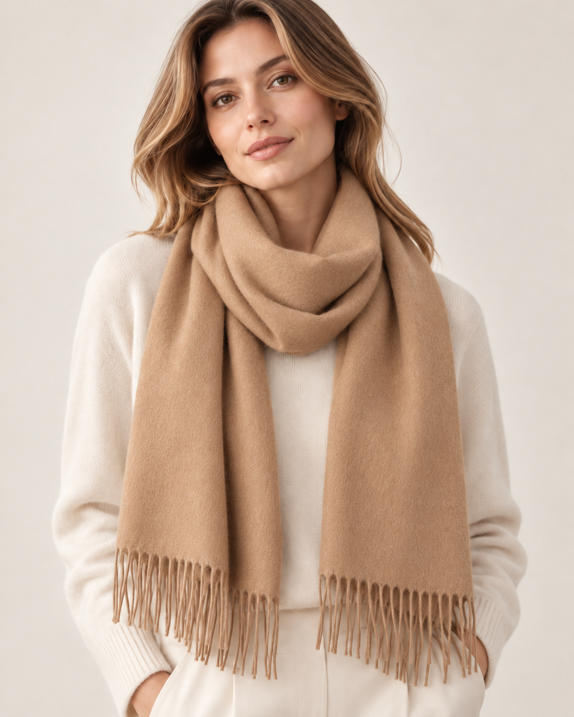 Écharpe d'hiver beige clair en cachemire pour femme Paris (5)