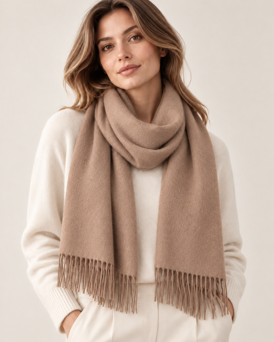 Écharpe beige unie en cachemire pour femme Paris (5)