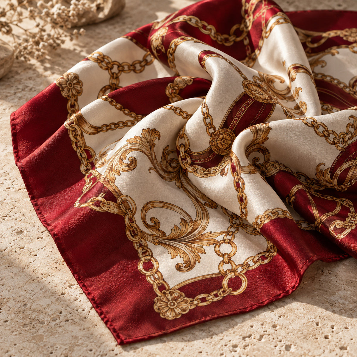 Un foulard en soie, sur fond rouge et crème, est orné d'un motif raffiné composé d'une chaîne dorée et de volutes ; il repose, délicatement plié, sur une surface beige texturée, baignée d'une douce lumière naturelle.