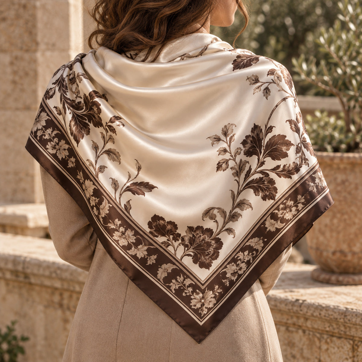 Une femme vêtue d'un manteau beige et d'une écharpe soyeuse de couleur crème, ornée de motifs floraux marron, se tient à l'extérieur, dos à la caméra.