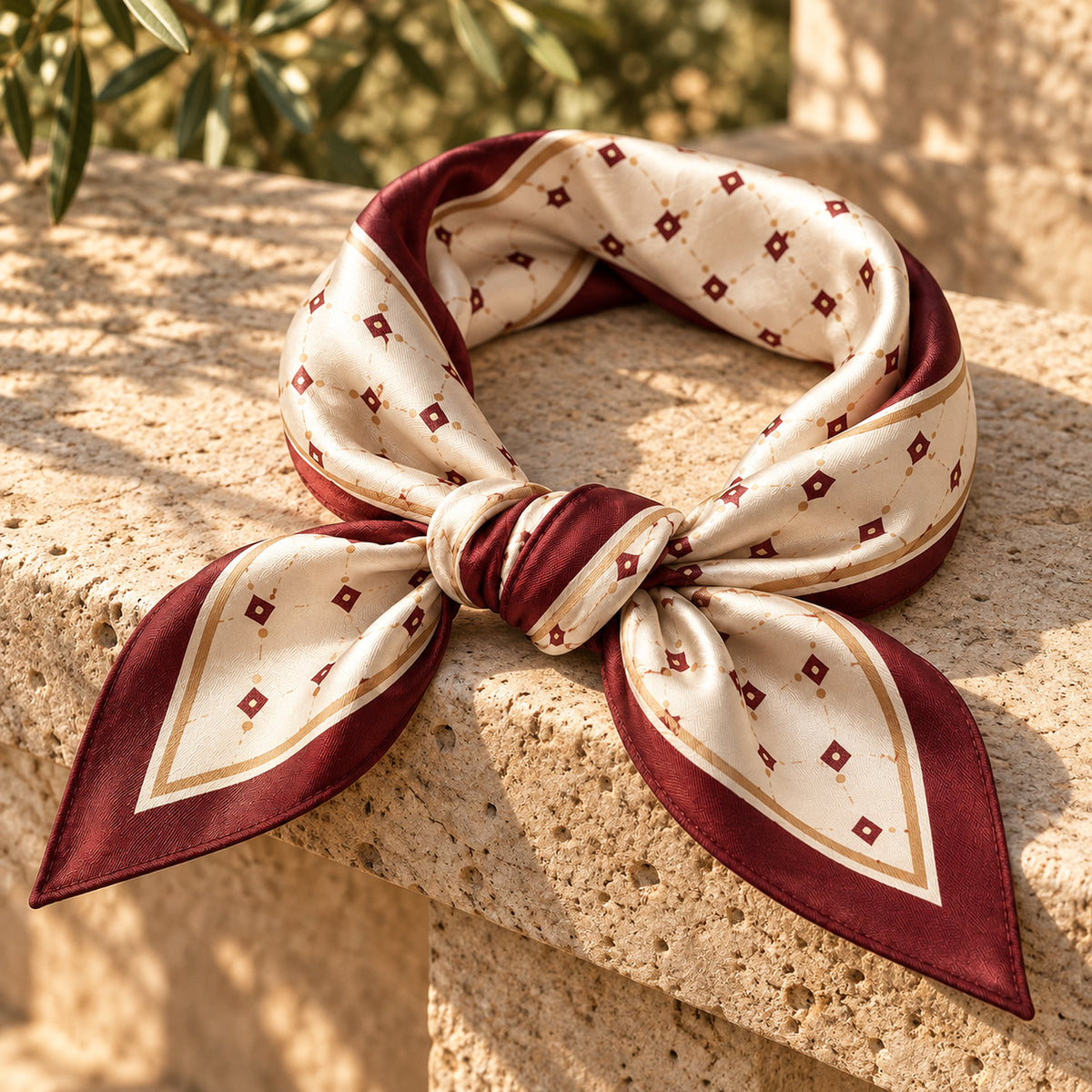 Un foulard en soie crème et bordeaux, orné d'un motif géométrique en losanges, est soigneusement noué sur une surface en pierre texturée, tandis que la lumière du soleil y projette de douces ombres.