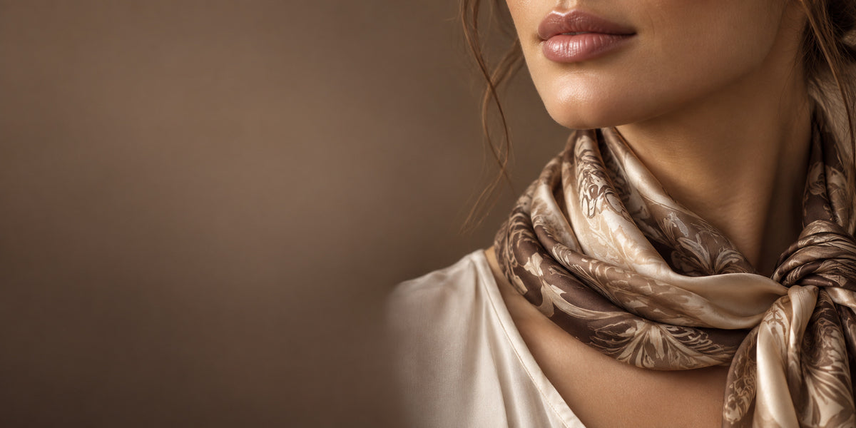 Gros plan sur le bas du visage et le cou d'une femme, qui porte un foulard en soie à motifs clairs et un chemisier crème, sous un éclairage tamisé et avec un arrière-plan brun flou.