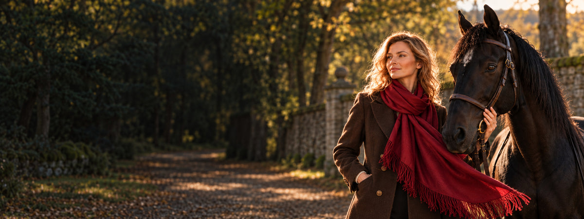 Une femme vêtue d'un manteau marron et d'une écharpe rouge se tient à côté d'un cheval foncé sur un chemin bordé d'arbres, avec la lumière du soleil qui filtre à travers les arbres en arrière-plan.