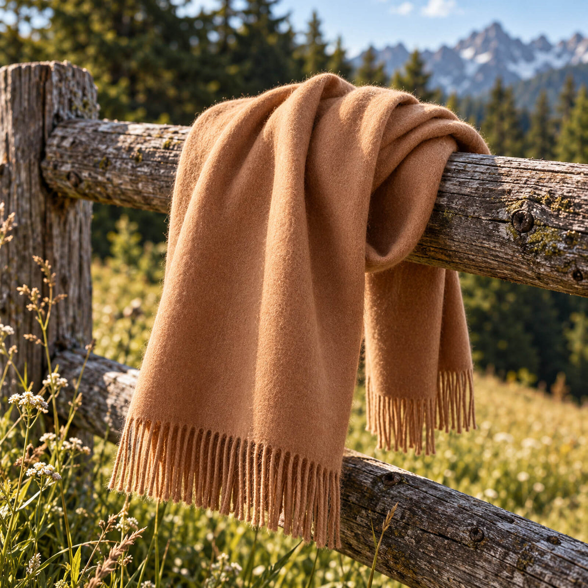 Une écharpe marron clair à franges posée sur une clôture rustique en bois, avec des herbes sauvages au premier plan et des pins ainsi que des montagnes en arrière-plan, par une journée ensoleillée.