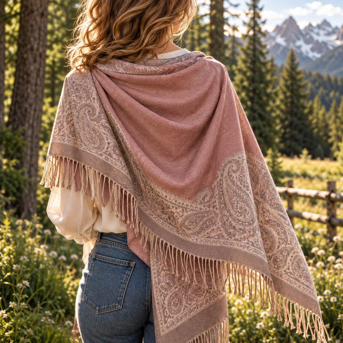 Une personne aux cheveux ondulés, vue de dos, se tient à l'extérieur, vêtue d'un châle à motifs cachemire orné de franges. On aperçoit en arrière-plan des pins, une clôture en bois et des montagnes aux sommets enneigés.