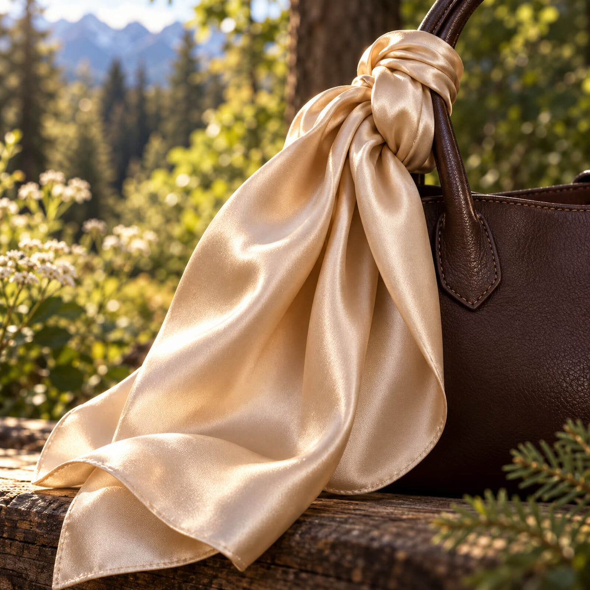 Une écharpe soyeuse couleur champagne est nouée à la poignée d'un sac à main en cuir marron, posé sur un banc en bois à l'extérieur, avec de la verdure et la lumière du soleil en arrière-plan.