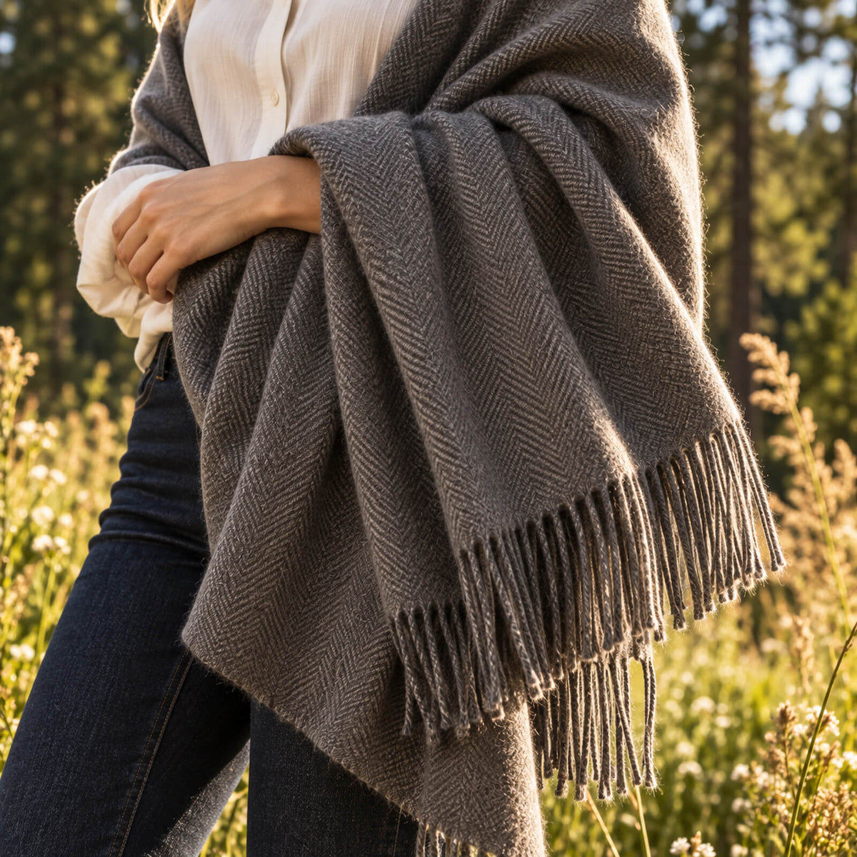 Une personne vêtue d'une chemise couleur crème et d'un jean se tient à l'extérieur, enveloppée dans une couverture en laine grise à franges. La lumière du soleil illumine le champ et les hautes herbes qui l'entourent, tandis que les arbres se dessinent de manière floue à l'arrière-plan.