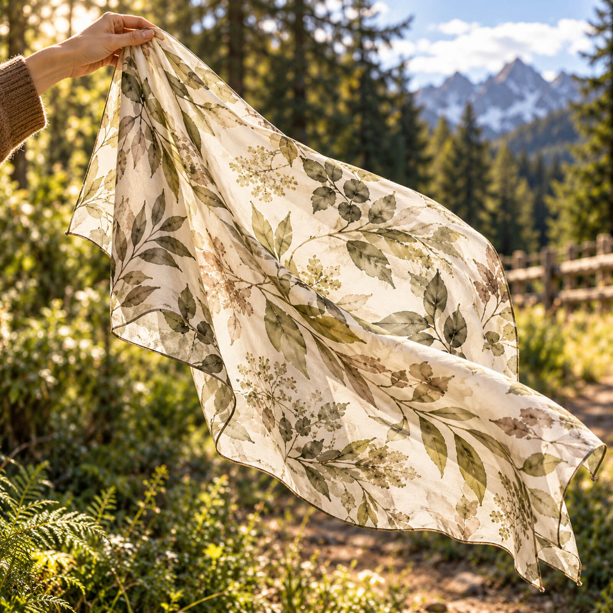 Une main tient à l'air libre un foulard aux motifs floraux clairs, à travers lequel la lumière du soleil filtre. En arrière-plan, on aperçoit des pins, une clôture en bois et des montagnes au loin.